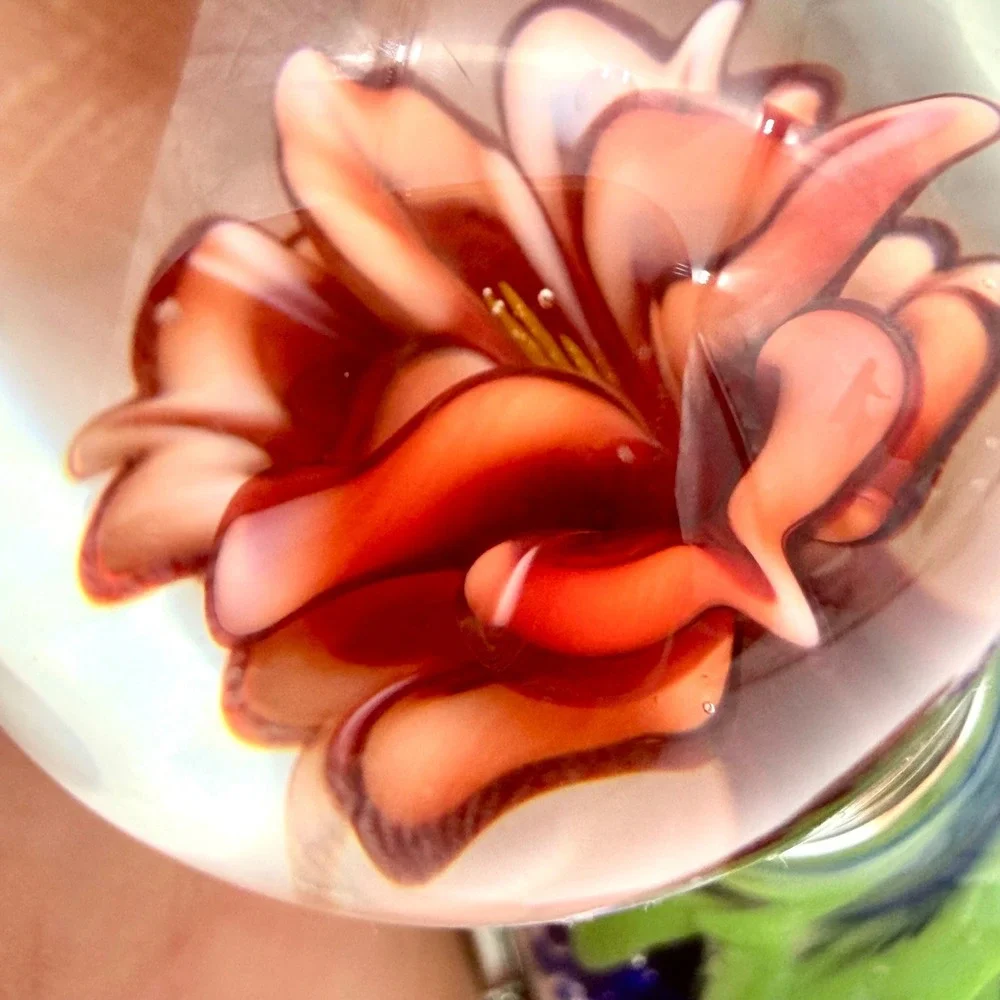 Artisan Glass Paperweight Red Lampwork Flower Green‎ Ruffled Base Blue Speckled